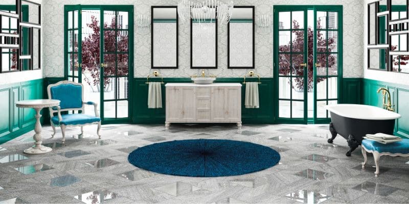 Elegant bathroom with green accents and round rug
